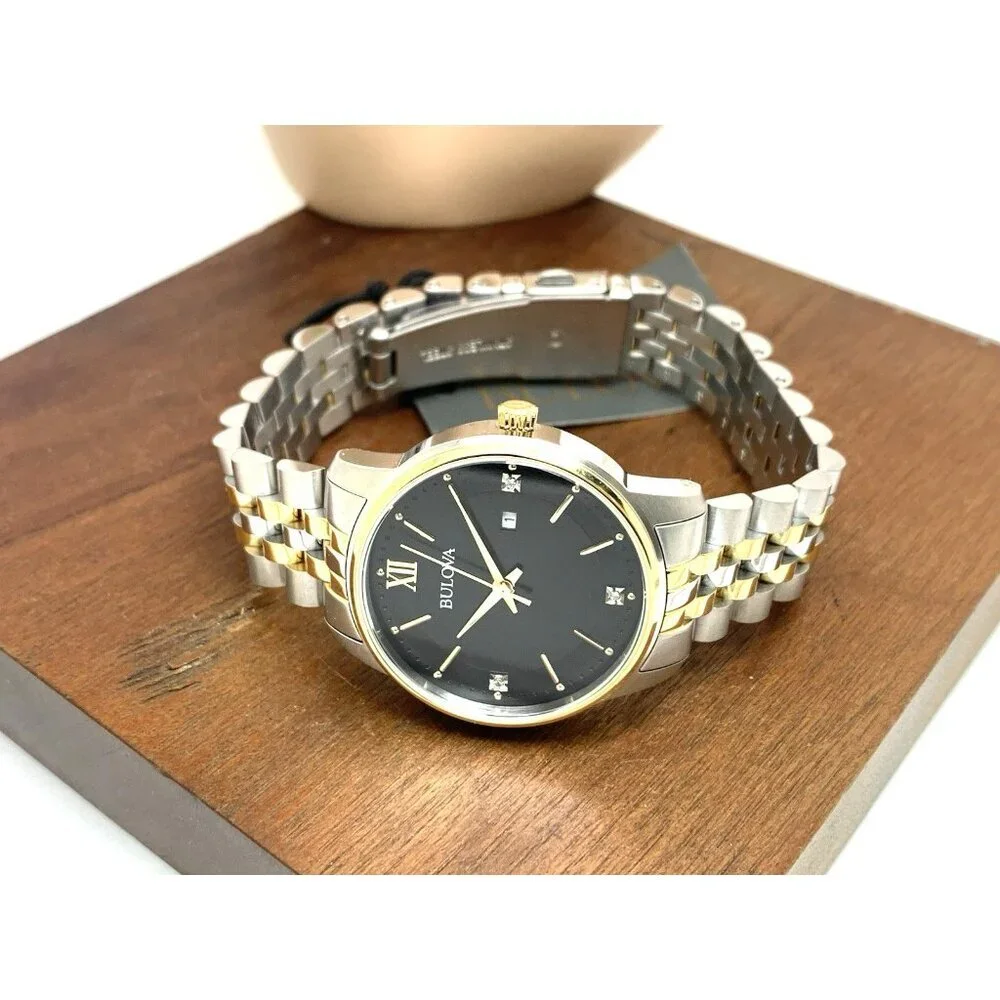 Bulova Women's Watch 98P198 Black Dial Diamond Quartz Two Tone Stainless Steel